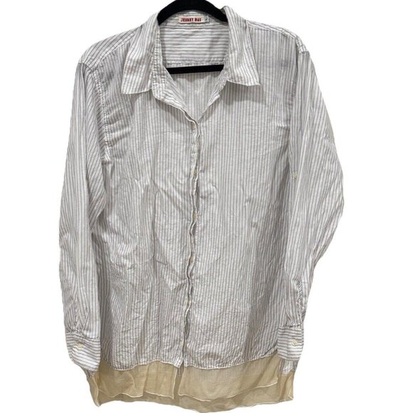 Johnny Was Tops - Johnny Was Women's Sz L Striped Button-up Top w/Gauzy Trim at Hem Blue/White